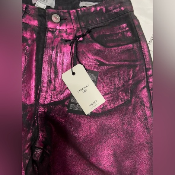 Forever 21 Metallic Foil Pink Black Straight Leg Jeans 26 - Picture 9 of 16